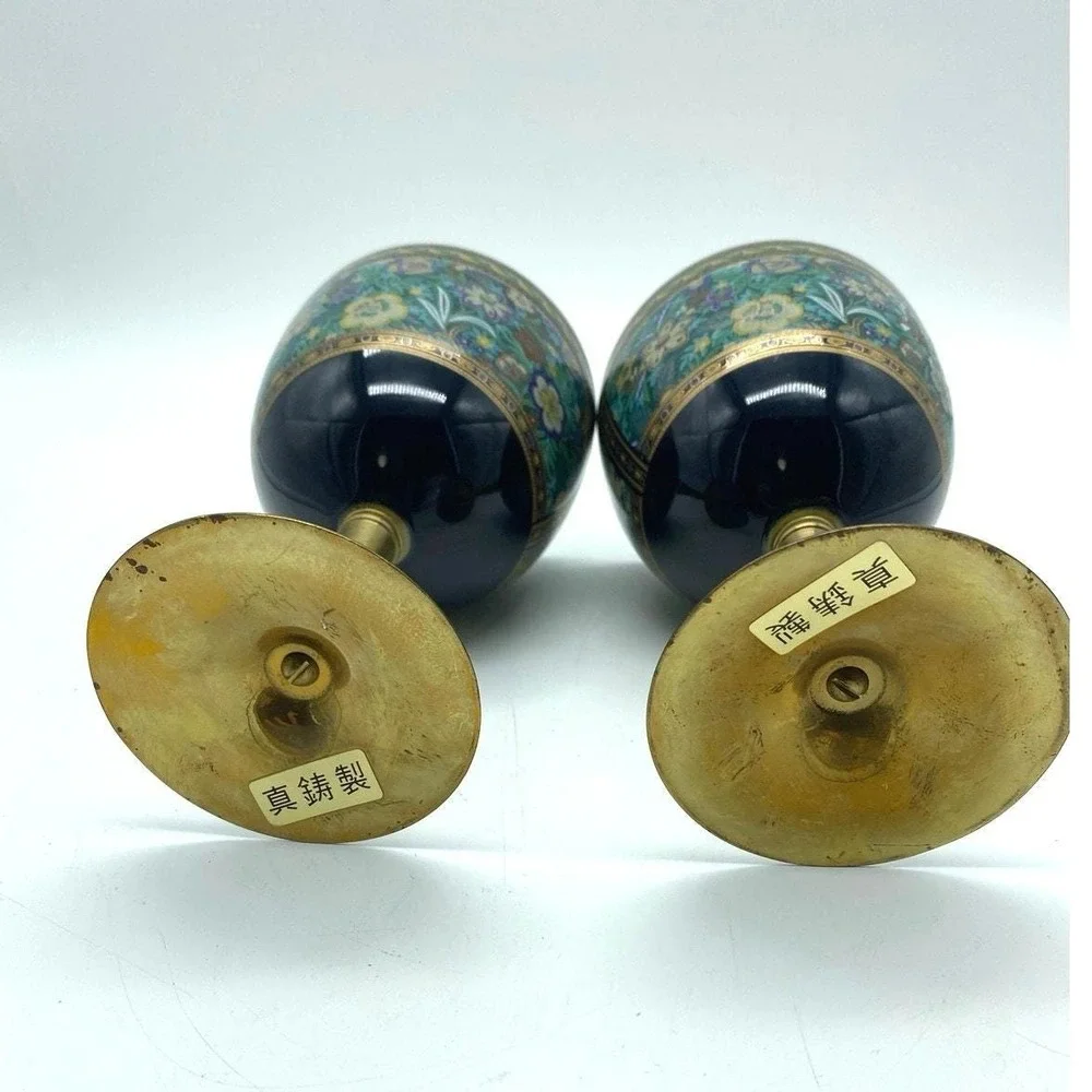 Vintage Pair Kutani Yaki Ware Japan Porcelain Brass Stem‎ Sake Wine Cup Goblet